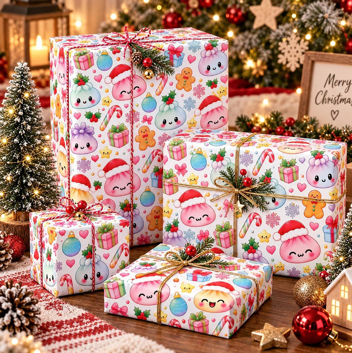 Christmas Cartoon Dumpling Gift Wrapping Paper Roll for Crafts