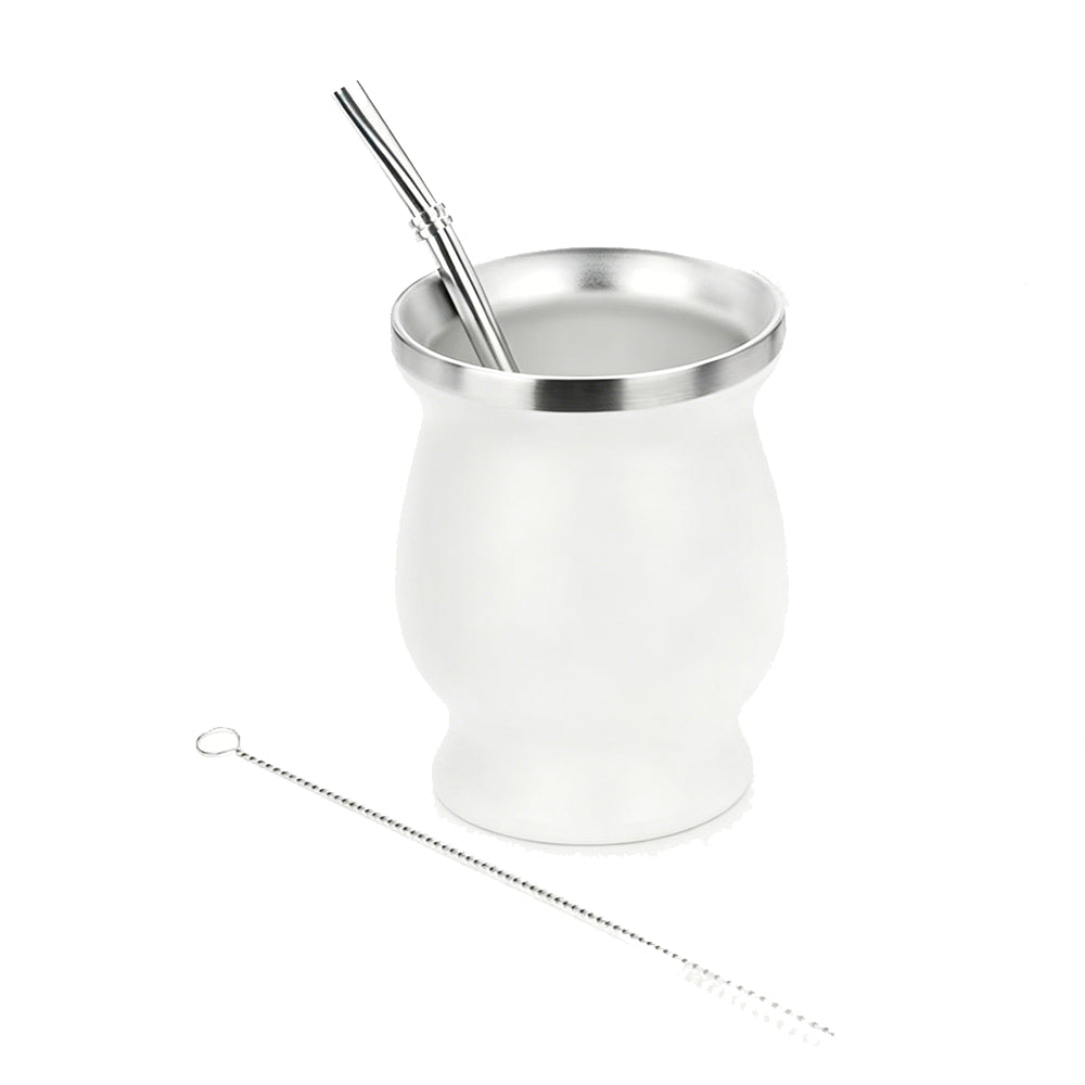 8oz 304 Stainless Steel Yerba Mate Cup Double Wall with Straw Spoon-White