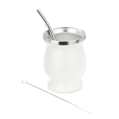 8oz 304 Stainless Steel Yerba Mate Cup Double Wall with Straw Spoon-White