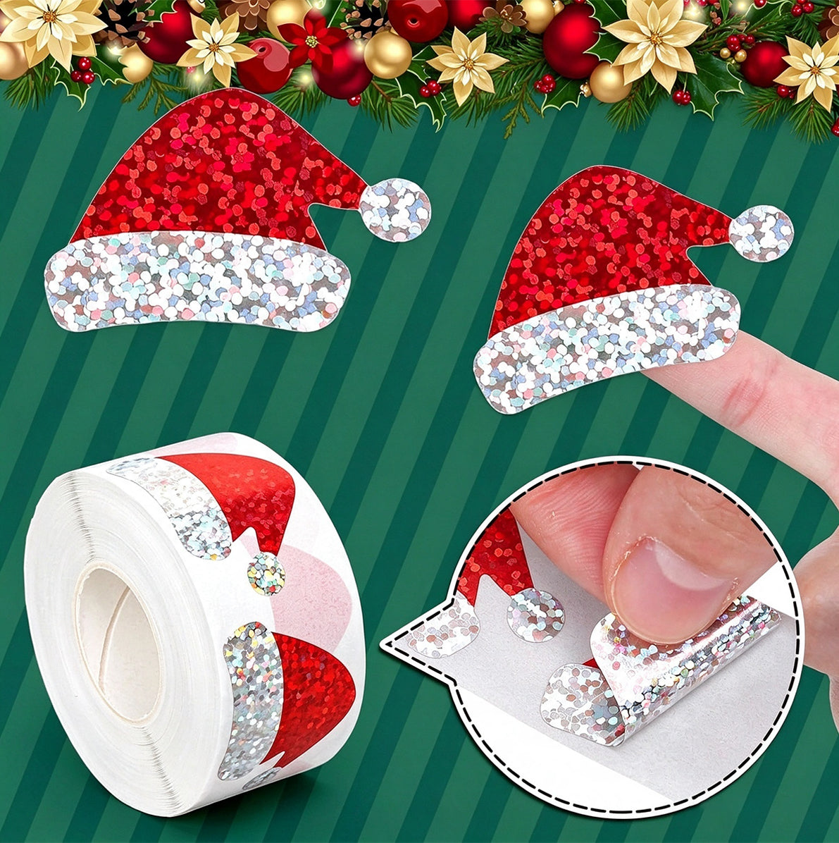 2 Rolls of 500 Christmas Holographic Stickers 3cm Diameter - Christmas Hat