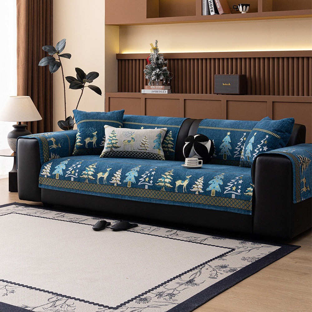 Christmas Deer Chenille Sofa Cover Scratch Resistant Sofa Protector - Blue