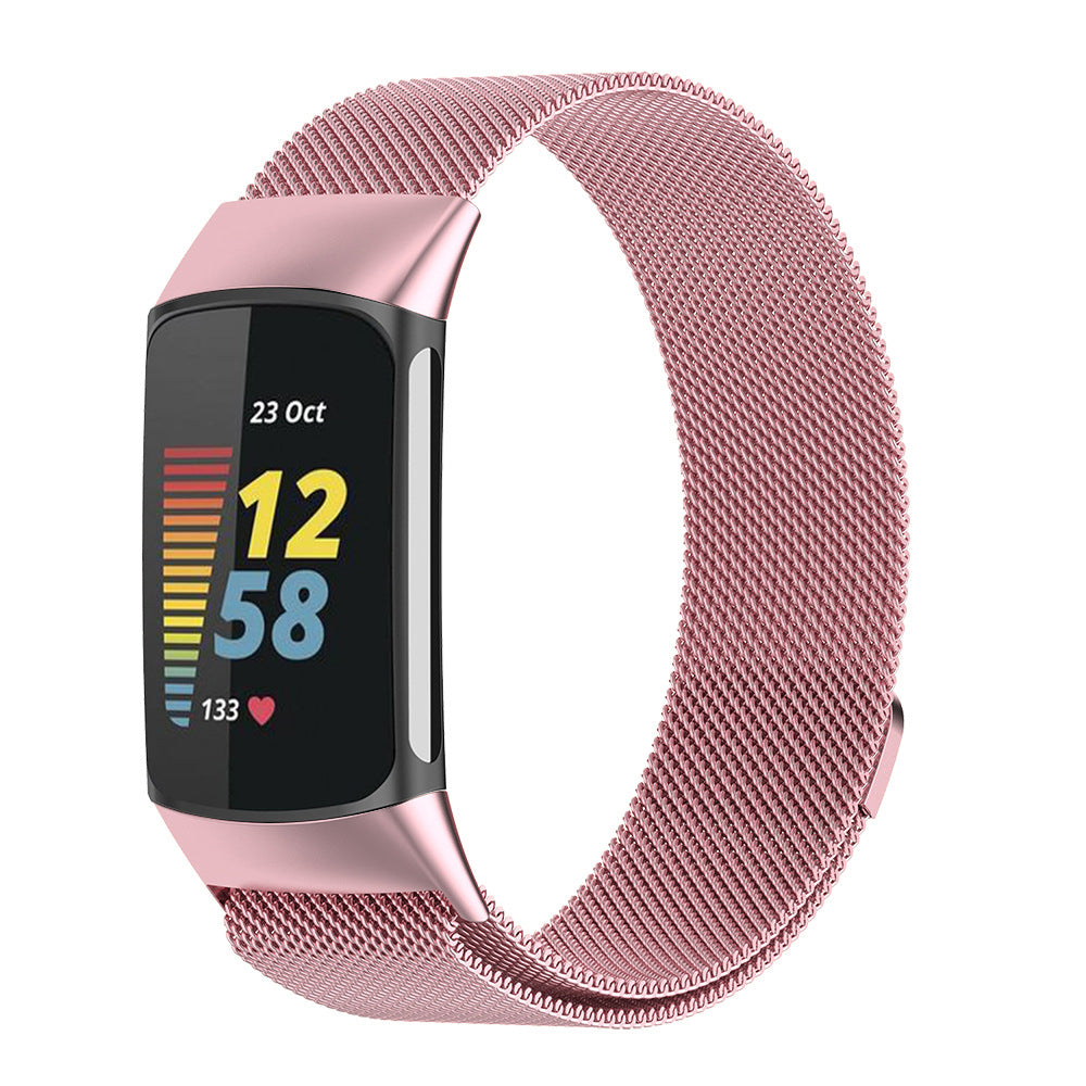 For Fitbit Charge 5 Replacement Stainless Steel Magnet Strap Milanese Band Pink