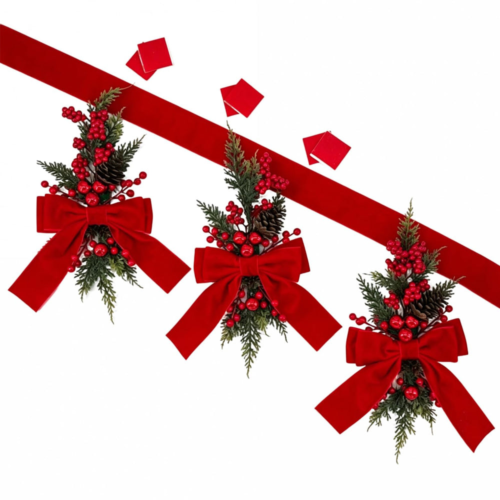 3 Piece Christmas Velvet Bow Ribbon Teardrop Swags for Door and Mantel - Red