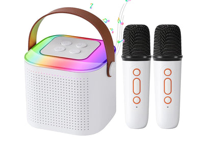 Bluetooth Mini Karaoke Machine Karaoke Speaker with 2 Wireless Microphones and Party Lights for Family Birthday Gifts -White