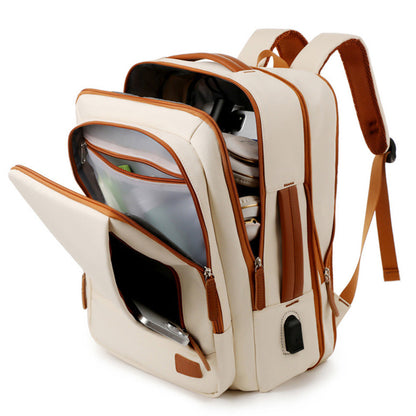 26L Expandable Commuter Backpack Water Resistant Laptop Bag with USB Charging Port Beige
