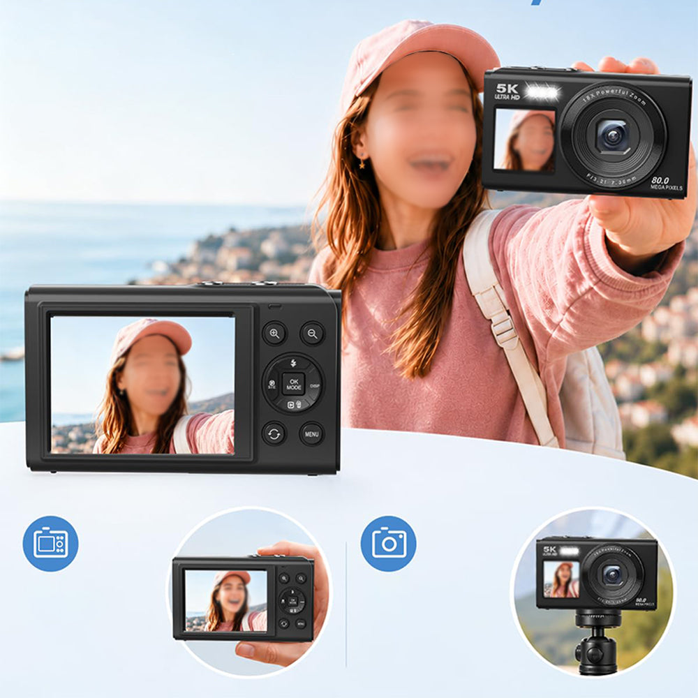 5K HD Dual Screen Selfie Digital Camera 80MP Photography Camera - Black