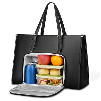 Laptop Tote Bag with Insulated Lunch Compartment PU Briefcase with Lunch Box Pocket Work Bag for Office