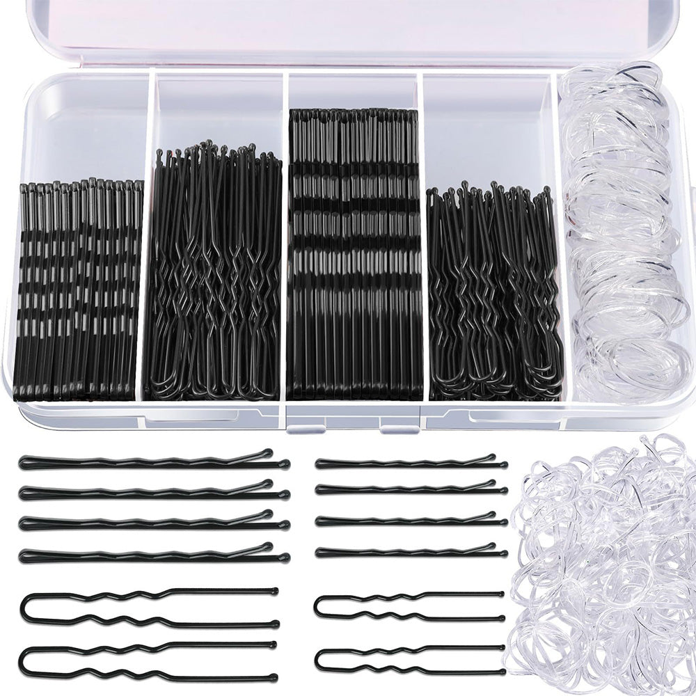 Hair Pins Set with Storage Box Bobby Pins & U Shaped Hair Clips Kit for Bun Updo Styling-Black