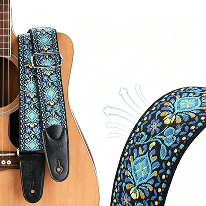 97-156cm Embroidered Acoustic Guitar Strap with 3 Picks- Blue