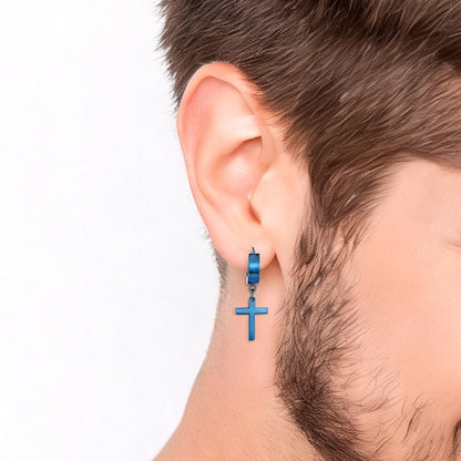 Unisex Cross Dangle Hoop Huggie Stainless Steel Ear Stud Earrings