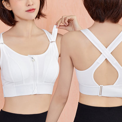 Adjustable Supportive Sports Bra with Front Zipper for Women-White