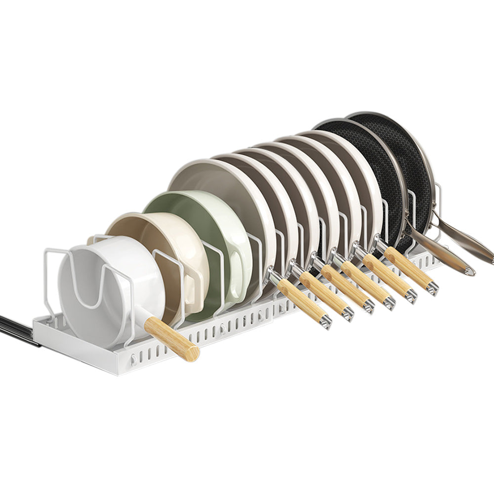 Horizontal Pull Out Organizer for Pots and Pans Sliding Storage Rack with Dividers for Kitchen White