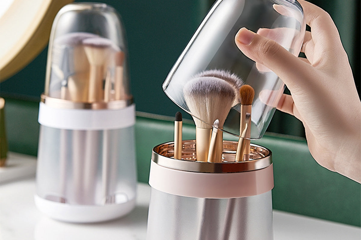 2Pcs 2-in-1 Dust Proof Makeup Brush Storage Bucket Container For Vanity Desktop Bathroom-White And Pink