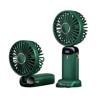 3-in-1 5 Speed USB Handheld Fan Mini Folding Digital Display Fan with Lanyard and Base Green