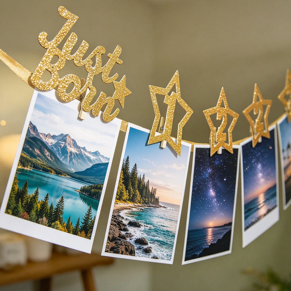 1 to 12 Month Glitter Star Photo Banner for First Birthday Party