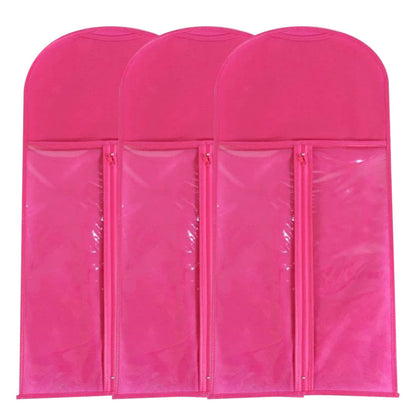 3Pcs Hair Extension Storage Bags with Hangers Dustproof Non-Woven Fake Hair Organizer Rose Red