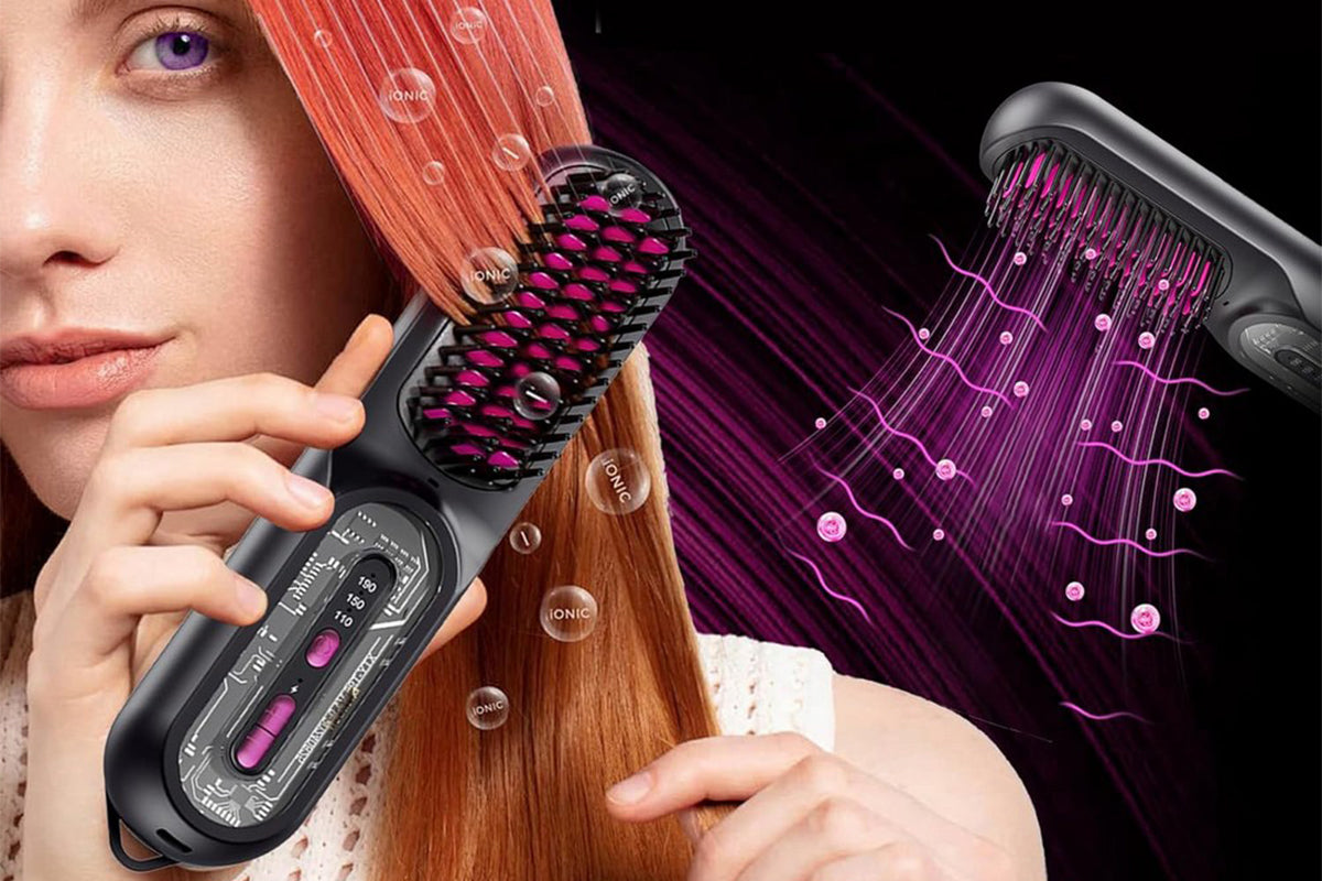 2-in-1 Ionic Hair Straightener Brush with Anti-Scald Ceramic Straightening Brush -Rose Red