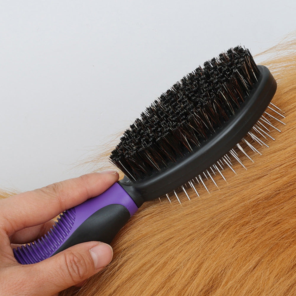 2 Pack Pet Grooming Brush Set Deshedding Double Sided Comb Massage Brush for Cats Dogs Horses-Purple