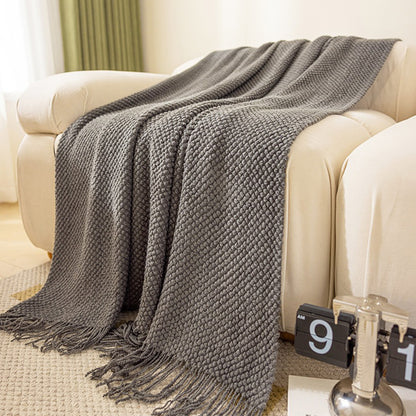 Vintage Knitted Throw Blanket with Tassels-Dark Grey
