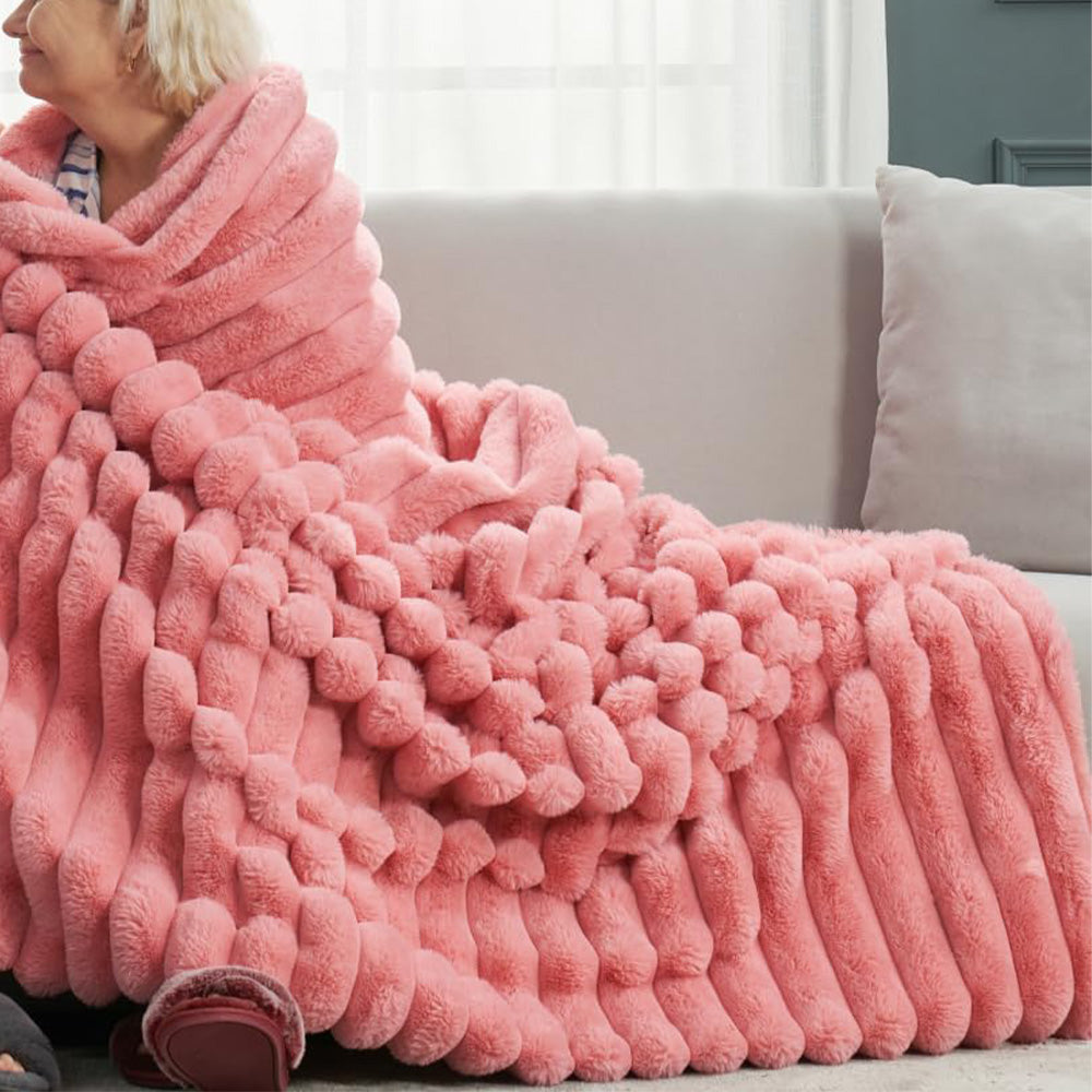 Cozy Plush Throw Blanket Fuzzy Bubble Blanket for Sofa Bedroom Living Room Pink