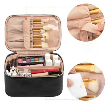 PU Leather Makeup Bag Large Capacity Travel Cosmetic Bag Toiletry Bag for with Handle and Divider Black