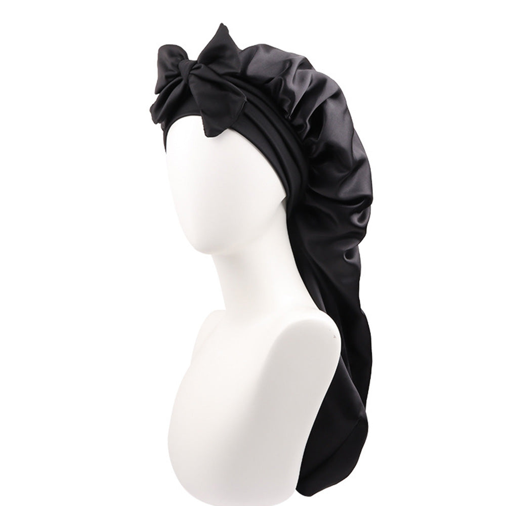 Double-Side Long Hair Bonnet for Sleeping Women Sleeping Cap with Tie Band Black