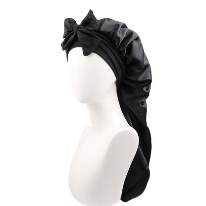 Double-Side Long Hair Bonnet for Sleeping Women Sleeping Cap with Tie Band Black