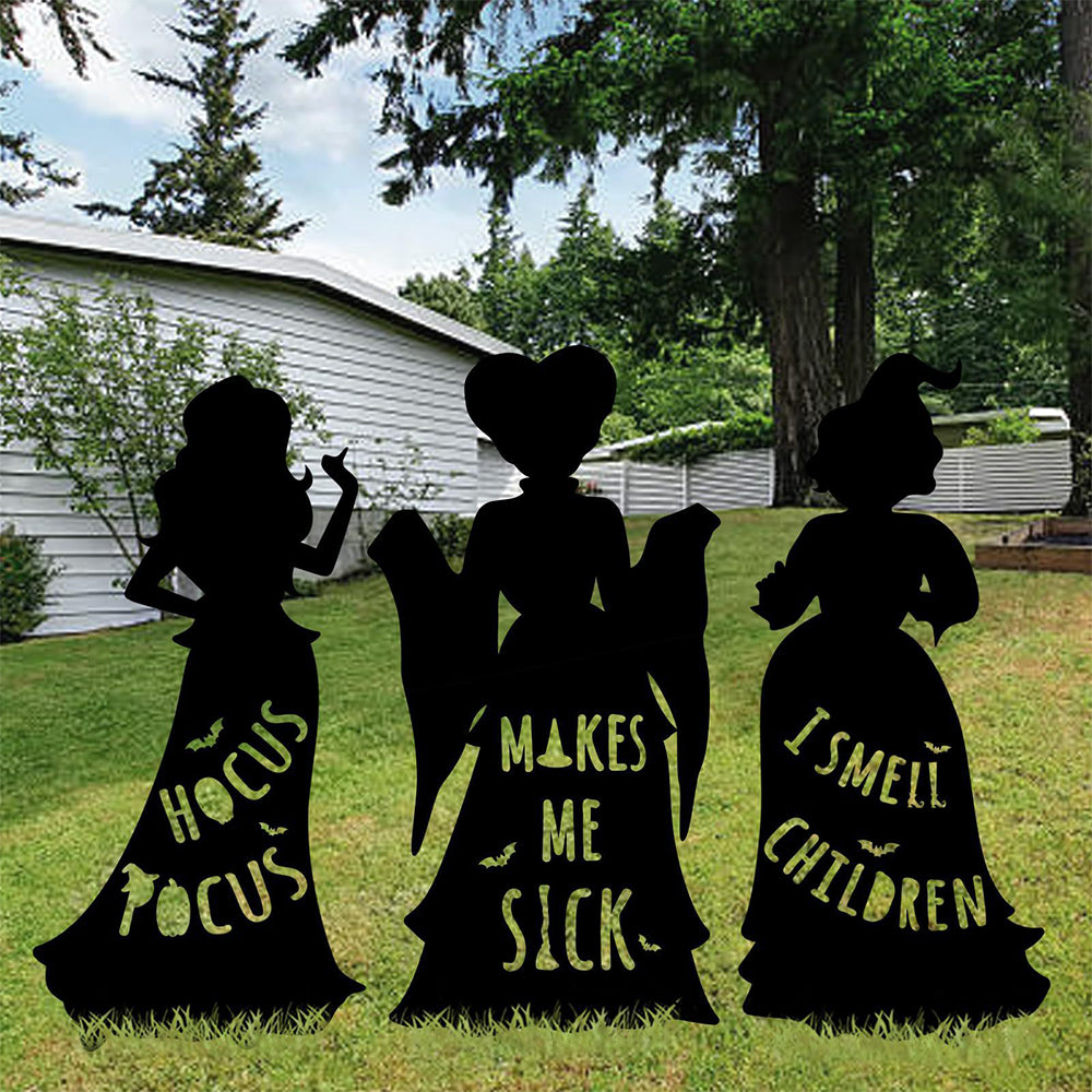3Pcs Set Halloween Black Hocus Pocus Witches Garden Silhouette Yard Signs with Stakes