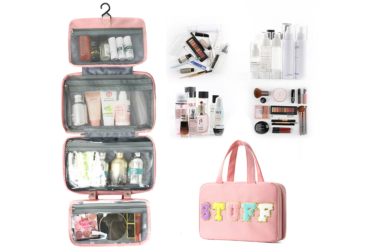 Travel Toiletry Bag Water-resistant with Hanging Hook for Makeup Cosmetic Shampoo -Pink