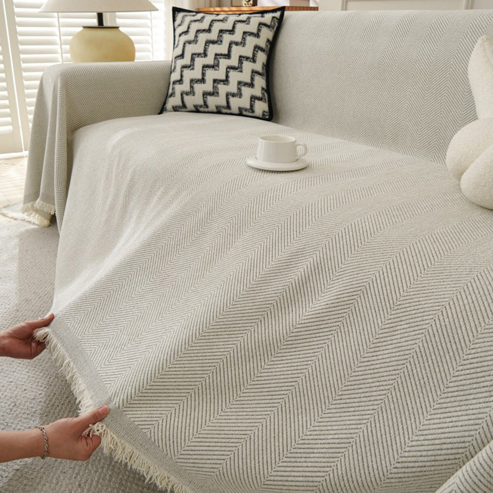 Herringbone Tassel Sofa Throw Cover Large Blanket for Couch Furniture Protector-Beige