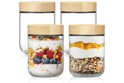 4Pcs Glass Jar with Bamboo Lid Airtight Canister Food Storage Sugar Container
