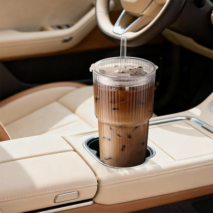 2Pcs Iced Coffee Cups with Lid Ribbed Glass Tumbler with Straw Leak Proof Reusable