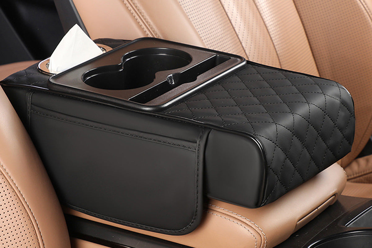Car Armrest Cushion Organizer with Cup Holder Center Console Booster Pad-Black