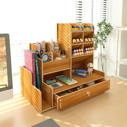 6 Compartment Wooden Desk Organizer with Drawers Art Supplies Storage Desktop Stationary-Khaki