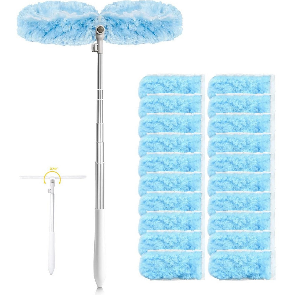 Extendable Duster Handle with 20 Refills Microfiber Dusting Pads for Ceiling-Blue