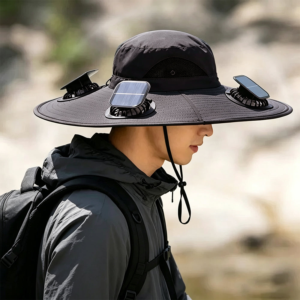 Solar Fan Hat with 3 Fans and USB Charging Cooling Hat - Dark Grey