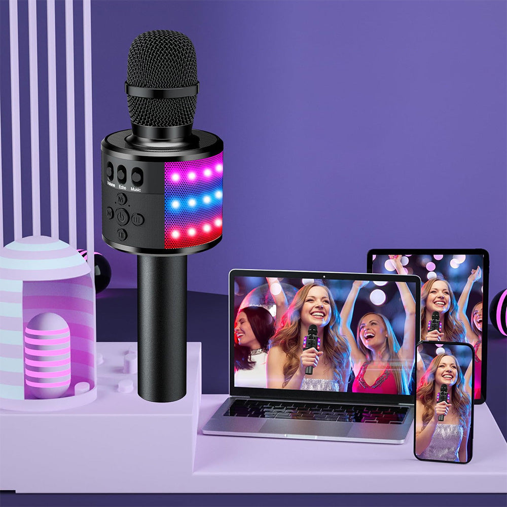 Wireless Bluetooth Karaoke Microphone with LED Lights Home Party Singing Mic Black