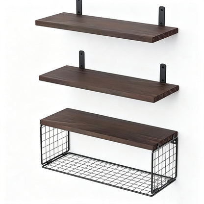 3 Piece Engineered Wood Wall Shelves with Storage Basket - Brown