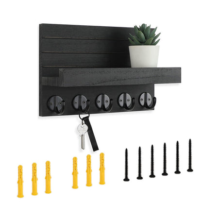 Rustic Wall Mounted Mail and Key Holder Organizer with Hooks for Entryway Black