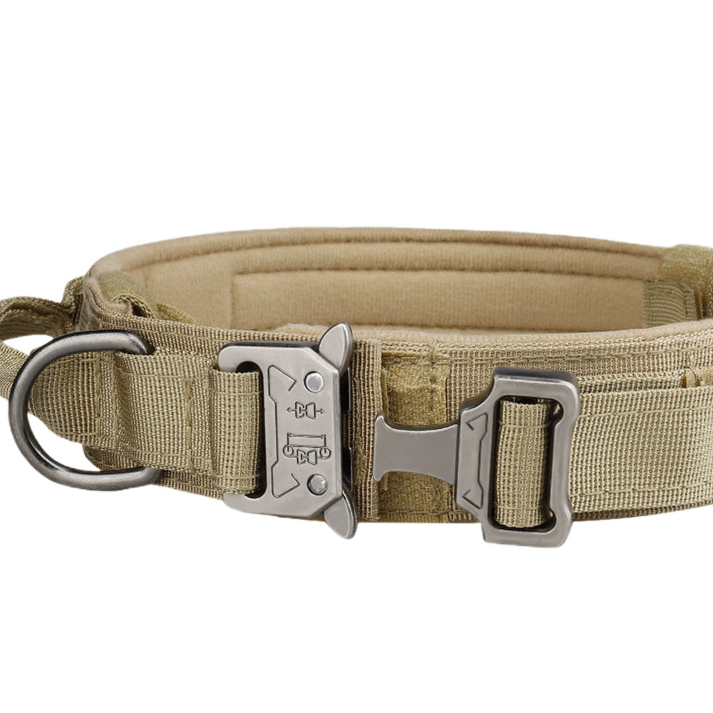 Adjustable Dog Collar with Handle Tactical Nylon Pet Collar for Medium Large Dogs-Khaki