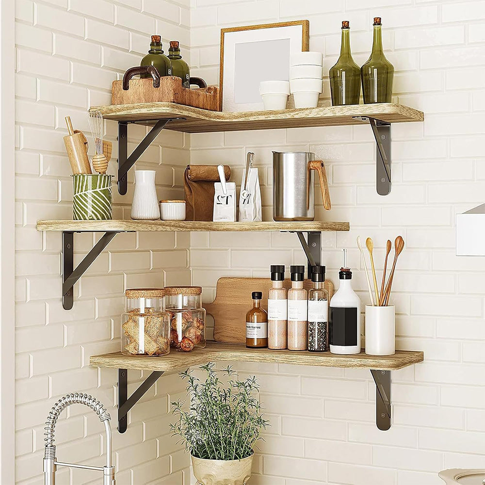 Corner Floating Shelves Set of 3 Wall Mounted Rustic Wood Storage Display Shelves-Brown