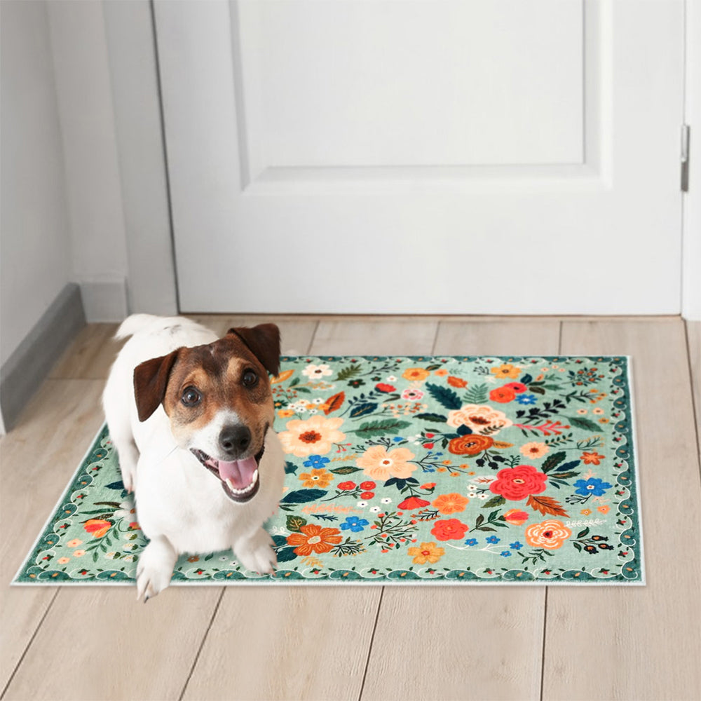 Floral Door Mat Non-slip Floor Mat for Entryway Kitchen Room Green