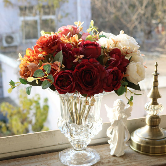 4Pcs Artificial Peony Flowers Faux Flowers Satin Silk Rose Lilies Bouquet Vintage Home Decor-4 Colors