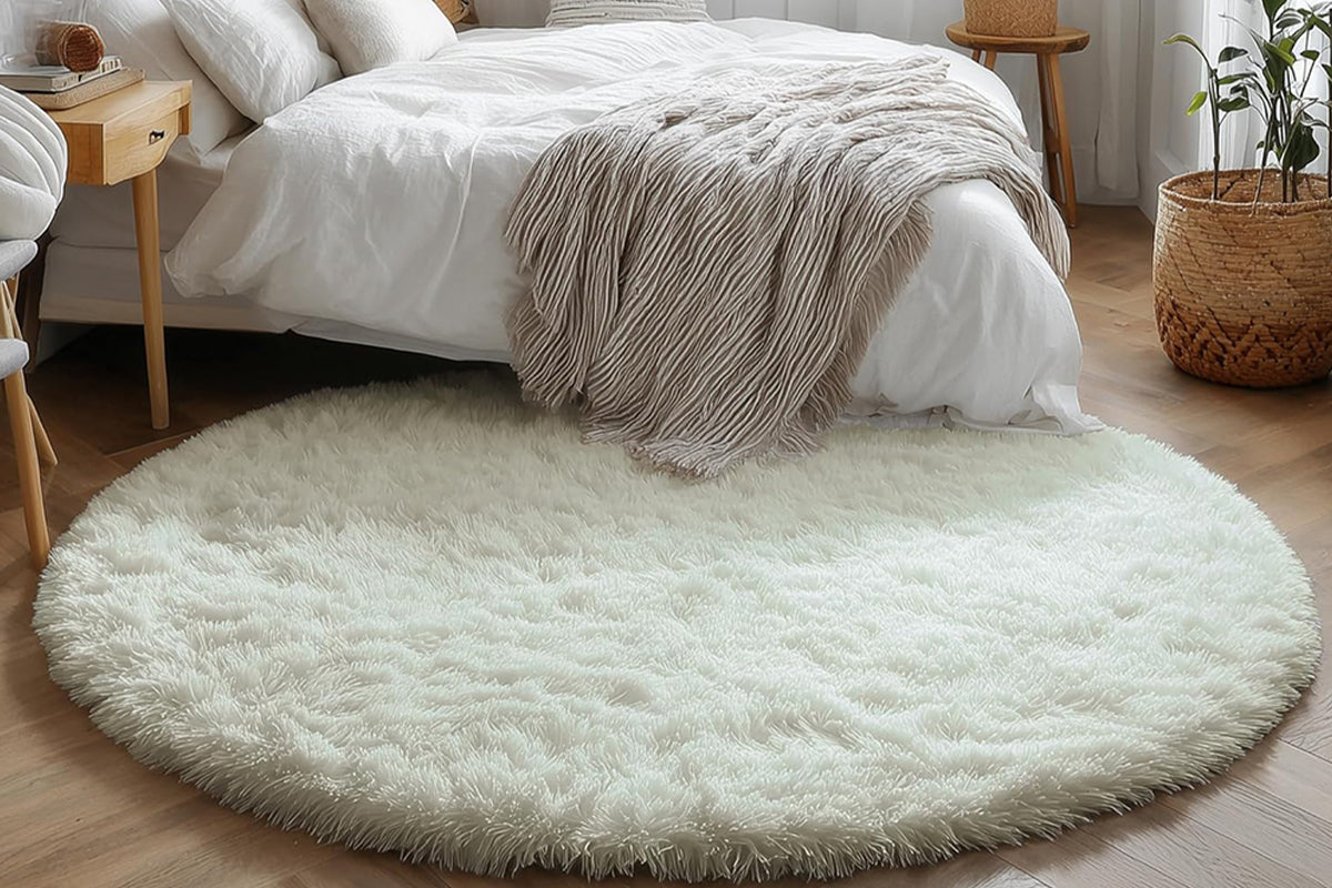 Fluffy Round Plush Area Rug Non Slip Carpet - White