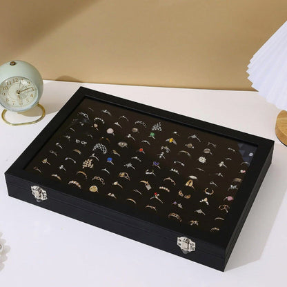 100 Slots Jewelry Ring Display Organizer Box with Glass Lid ¨C Earring and Ring Storage Tray