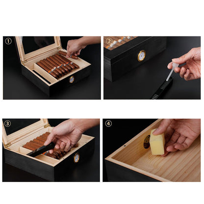 For 10 Cigars Cigar Humidor Desktop Box with Humidifier and Hygrometer Black