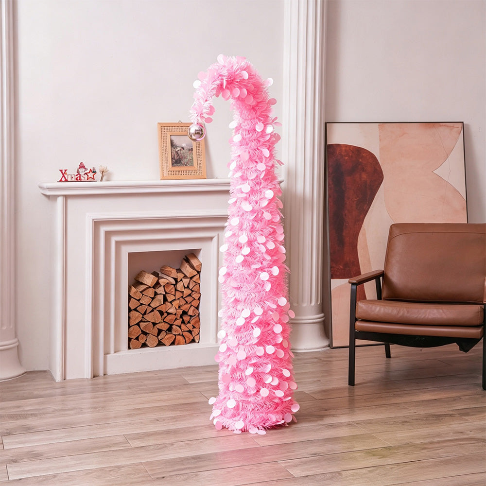 1.5m PET Tinsel Collapsible Crooked Christmas Tree Xmas Decoration - Pink