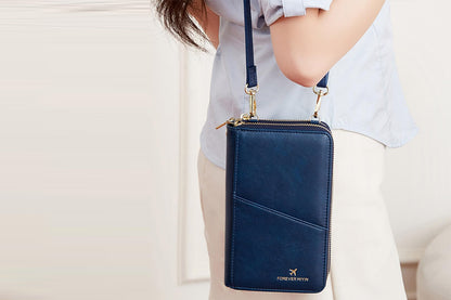 RFID Blocking Passport Wallet PU Document Organizer with Wristlet for Women -Blue