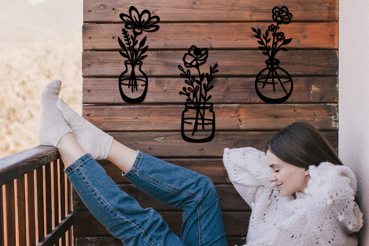 3Pcs Metal Flowers Wall Art Wall Decor Sculptures Hanging for Kitchen Living Room -Black Flowers