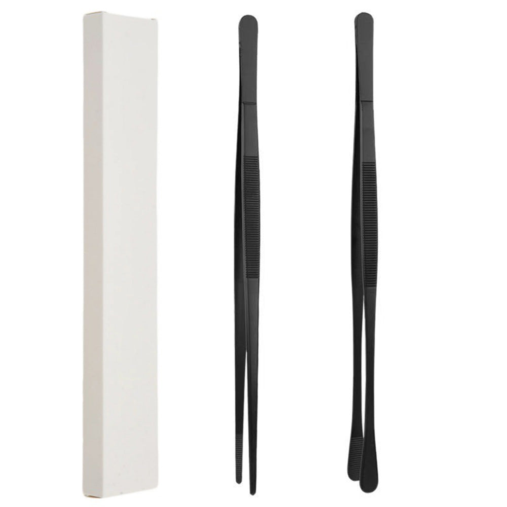 2 Pack 30cm BBQ Tongs Stainless Steel Round and Straight Head for Grilling Cooking-Black